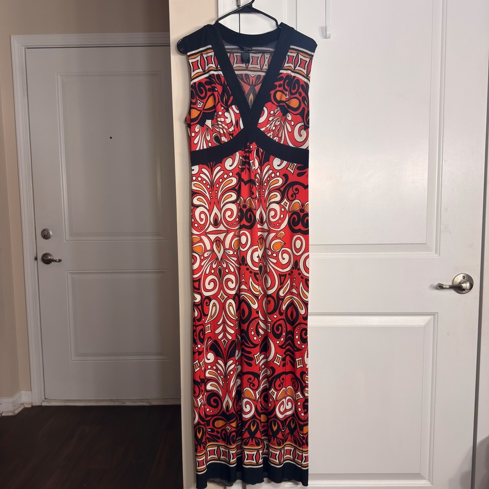 En Focus Women Sleeveless Maxi Dress Geometric Paisley Print V-Neck Red Black 55